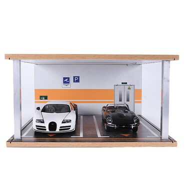 Car Model Display Case 1:18 Scale,with LED Light and Acrylic Dust Cover Hot Diecast Wheels Display Case,Wooden Parking lot Garage Scene Toys Car Model Display Stand (Log Color)