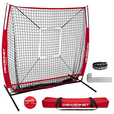 PowerNet Baseball Net Bundle, 5x5 Hitting &amp; Pitching Net, Portable Softball Baseball Training Equipment, Weighted Baseball &amp; Carry Bag (Red Net)