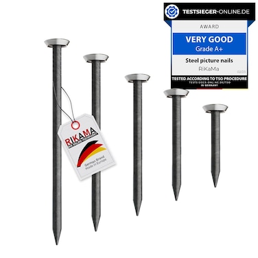 RIKAMA&reg; 50 Picture Nails Silver   Picture Hanging kit   Each 10x 0.75, 1, 1.25, 1.5, 2 inch   Steel Nails for Hanging Pictures   Made in Germany