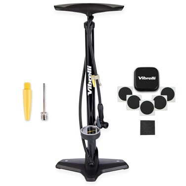 VIBRELLI Bike Floor Pump with Gauge &amp; Puncture Kit - 160 PSI - Presta Valve Bike Pump Switches to Schrader - High Pressure Bicycle Pump,Black