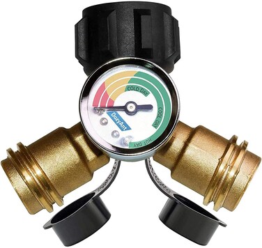 DOZYANT Propane Tank Y Splitter Adapter with Propane Gauge, 2 Way LP Gas Adapter Tee Connector Adapter for 5lb-40lb Propane Tank Cylinder, Universal for BBQ Gas Grill, RV Camper and More Appliances
