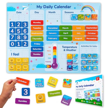 Simply magic 58 PCS Kids Calendar - My First Daily Magnetic Calendar for Kids, All About Today Board, Days of The Week Calendar for Kids - Preschool Classroom Calendar for Wall, Circle Time Calendar
