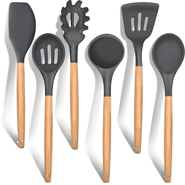 E-far Cooking Utensils Set of 6, Silicone Kitchen Utensils with Wooden Handle, Non-stick Cookware Friendly &amp; Heat Resistant, Includes Spatula/Ladle/Slotted Turner/Serving Spoon/Spaghetti Server(Gray)