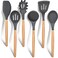 E-far Cooking Utensils Set of 6, Silicone Kitchen Utensils with Wooden Handle, Non-stick Cookware Friendly &amp; Heat Resistant, Includes Spatula/Ladle/Slotted Turner/Serving Spoon/Spaghetti Server(Gray)