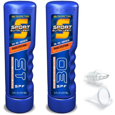 GoPong Sport Bottle Sunscreen Flask 2 Pack (16 oz Total) - Hidden Alcohol Travel Flasks - Secret Liquor Containers for Beaches, Cruises, and Sports Events &ndash; Includes Funnel &amp; Spout