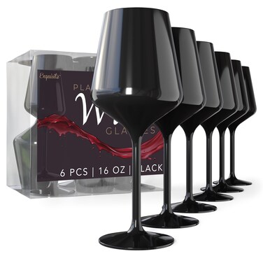 Exquisite 6 Plastic Wine Glasses Disposable 16 Oz Plastic Drinking Glasses - Black Plastic Wine Glasses with Stem the Disposable Wine Glasses for Parties and Events for Indoor and Outdoor Use