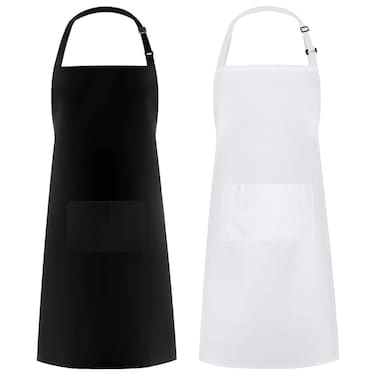 Syntus 2 Pack Adjustable Bib Apron Thicker Version Waterdrop Resistant with 2 Pockets Cooking Kitchen Aprons for Women Men Chef, White &amp; Black