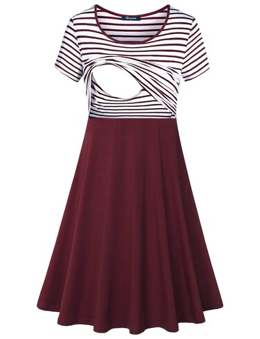 connche Nursing Dresses,Women's Breastfeeding Mother Mid Length Post Partum Tunic Patchwork Dresses for Pregnancy Red White M