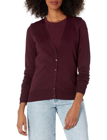 Amazon Essentials Women's Lightweight V-Neck Cardigan Sweater (Available in Plus Size), Burgundy, Small