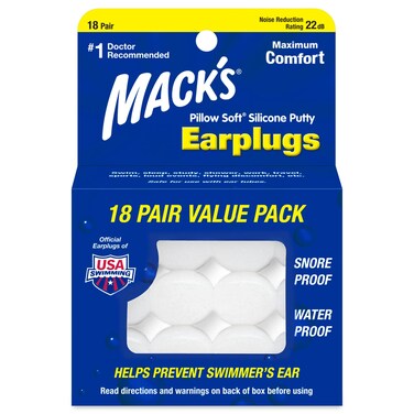 Mack's Pillow Soft Silicone Earplugs, 18 Pair - The Original Moldable Silicone Putty Ear Plugs for Sleeping, Snoring, Swimming, Travel, Concerts and Studying   Made in USA