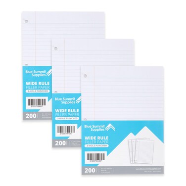 Blue Summit Loose Leaf Filler Paper, Wide Ruled Paper (8&rdquo; x 10.5&rdquo;), 200 sheets &ndash; Notebook Paper for Standard 3 Ring Binders, 200 Sheets per Pack (3 Packs)
