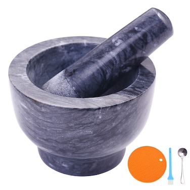 Aisiming Mortar and Pestle Set Polished Natural Marble Guacamole Molcajete Bowl, Spices Grinder with Silicone Pad, Stainless Steel Spoon and brush, 300ml Capacity Crusher(Medium, Dark Gray)