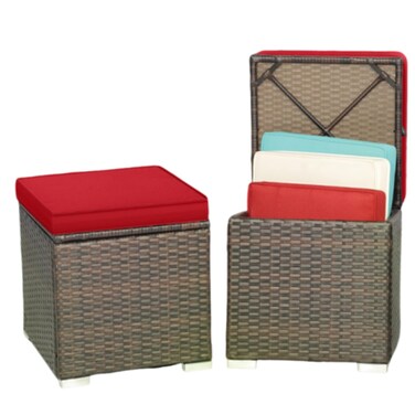 MEDIMALL Patio Wicker Ottoman Set of 2, Multipurpose Outdoor Footstool w/Removable Cushions, Rattan Side Table w/Storage, Footstool Ottoman Seat for Garden, Backyard, Poolside (Red)