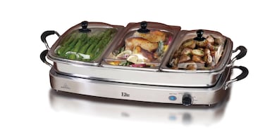 Elite Gourmet EWM-9933 Triple 3 x 2.5 Quart Trays Buffet Server 7.5 Qt Oven Safe Pan Food Warmer, Temperature Control, Clear Slotted Lids, Perfect for Parties, Entertaining &amp; Holidays, Stainless Steel