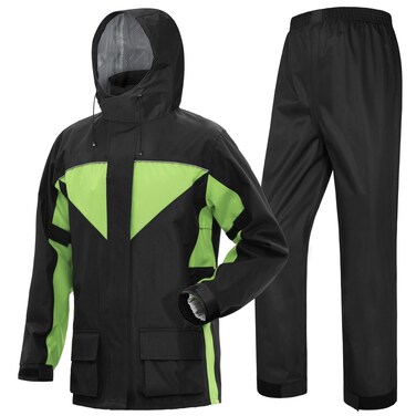 iCreek Motorcycle Rain Suit for Men and Women Waterproof Anti-storm Raincoat High Visibility Rain Gear (Black with Green, XL)
