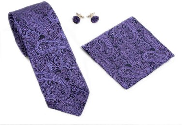 Kingsquare paisley tie, pocket square, cufflinks set (Purple)