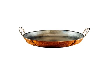 Sertodo Copper Alicante Paella Cooking Pan   15 inch diameter  Patented Stainless Steel Handle Design  Hand Hammered, Heavy Gauge, 100% Pure Copper   Serves 6-8 Adults