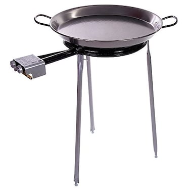 Castevia Paella Pan Polished Steel + Paella Gas Burner and Stand Set - Complete Paella Kit for up to 13 Servings