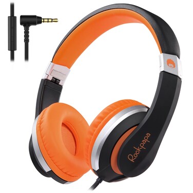 rockpapa HS20 Wired Kids Headphones for School, Foldable Lightweight Boy Girl Headphones with Microphone &amp; 3.5mm Jack for 3-15 Year Old for Airplane Tablet Phones Black Orange