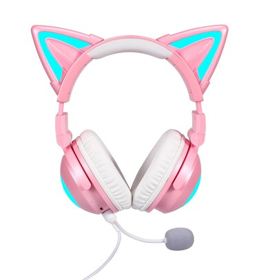 Axent Wear New Edition Wireless Cat Ear Headphones (12 Color Changing) 3.5mm Jack, Bluetooth&amp;Wired Connection (Pink)