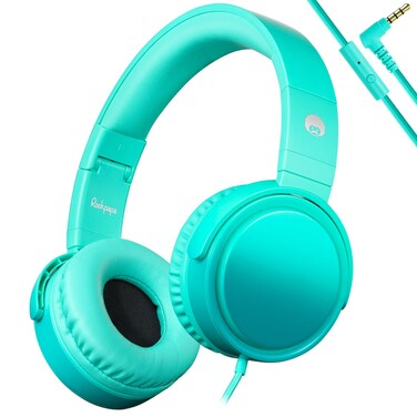 rockpapa Grade Wired Headphones with Microphone, Lightweight Foldable Stereo Bass Headphones with No-Tangle Cord &amp; 3.5mm Jack for Adult/Kids, Laptop Tablet Airplane Chromebooks Teal