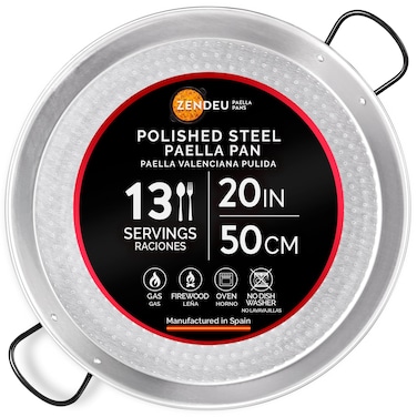 ZENDEU - Paella Pan 20 inch - Carbon Steel Paella Pan, Made in Spain - Polished Steel, 20 in - 50 cm (13 Servings) Cook your own Spanish Paella