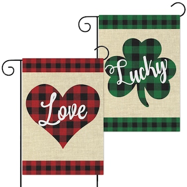 2Pcs Holiday Garden Flags Valentines Love Flags St. Patrick's Day Lucky Banners Burlap Yard Signs Vertical Double Sided House Flags Seasonal Festive Decorations for Indoor Outdoor Lawn, 12 x 18 inch