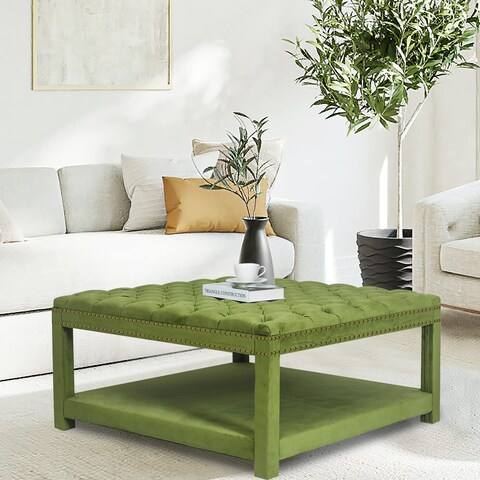 Homebeez Large Square Storage Ottoman Button Tufted Coffee Table Footstool Footrest, Velvet Bench for Living Room Bedroom, Green