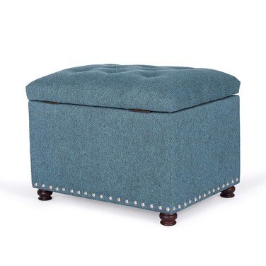 Adeco Rectangular Storage Ottoman Foot Rest Stool, Fabric Button Tufted Storage Ottoman with Hinged Lid (Cyan)