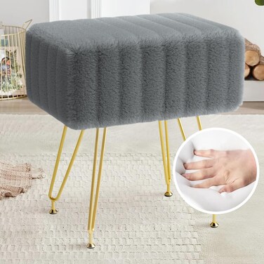 OUTMASTER Faux Fur Square Vanity Stool : Soft Footrest 4 Metal Legs with Anti-Slip Feet，Super Soft Padded Seat，Removable and Washable,lint-Free,Makeup Stool for Living Room, Bedroom,Bathroom (Grey)