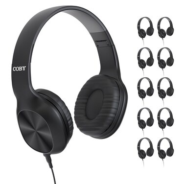 Coby Wired Headphones, 10-Pack, Folding On-Ear Headset with Microphone, Cushioned Earpads, Bundle Headphones for Gaming, Schools, Call-Centers, Customer Service, in-Line Call Control (No Boom Mic)