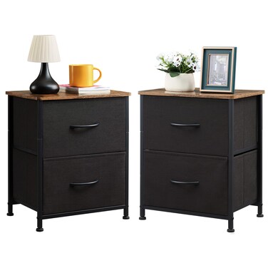 Somdot Black Nightstand Set of 2, Small Dresser for Bedroom with 2 Drawers, Bedside Table Night Stand End Table with Fabric Bins for Bedroom Kids Closet Dorm Guest Room, Black Rustic Brown