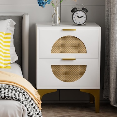 Aenuert Rattan Nightstand with 2 Drawers, Wooden Boho Side Table with Storage, Bedside End Table for Bedroom, Dorm and Small Spaces(White)