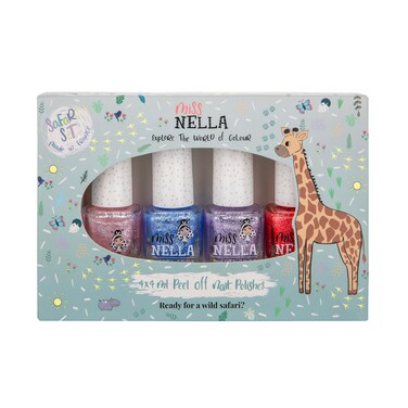 MISS NELLA SAFARI COLLECTION Glitter Nail Polish for kids, set of 4 glitter varnishes: pink, red, purple &amp; blue, Peel- Off varnish for toddlers