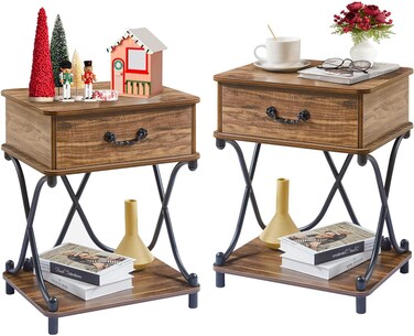 VECELO Nightstands Set of 2 with Drawer for Bedroom, Endtable Bedside Table with Storage &amp; Open Shelf for Living Room, Brown