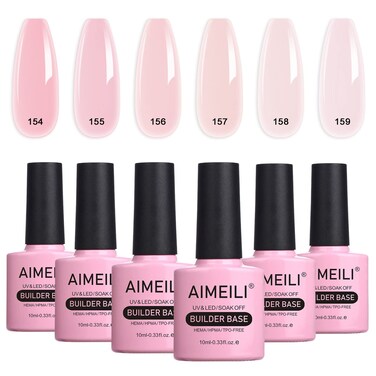AIMEILI Nude Pink Builder Base Gel for Nails, No Need Slip Solution Builder Extension, Soak Off Milky Pink Gel Nail Polish 6pcs X 10ml - Kit Set 37