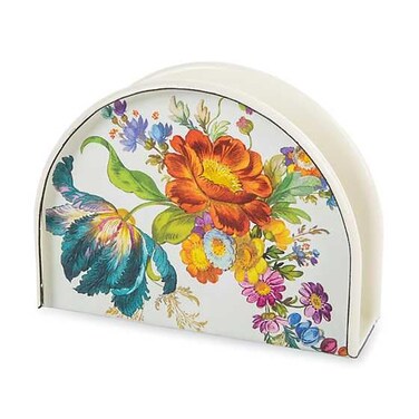 MACKENZIE-CHILDS Enamel Napkin Holder, Kitchen Napkin Holder for Table and Countertop, White Flower Market