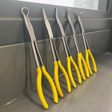 SINJEUN 5 Piece 11 Inch Long Nose Pliers Set, Long Reach Pliers Long Needle Nose Pliers Sets Includes Straight, 25 Degrees, 45 Degrees, 90 Degrees Angle and Round Pliers, Yellow Rubber Grip