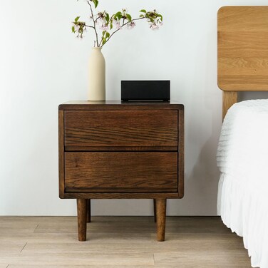 Cttasty Night Stand, Mid Century Modern Nightstand w/2 Drawers, Boho Nightstand, Small Nightstand, Oak Bedroom Nightstand, Solid Wood Bedside Table, 17.72 W x 15.75 D x 19.69 H Inches(Walnut)