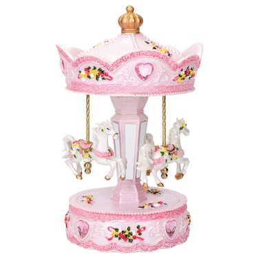 Elanze Designs Pink Rose Horse Musical Carousel 10 inch Rotating Figurine Plays Tune Memory