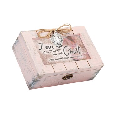 Cottage Garden Faith Makes All Things Possible Inspirational Petite Teal Distressed Locket Music Box Plays How Great Thou Art