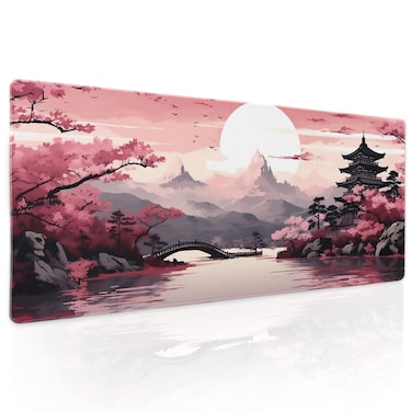 Pink Japanese Sakura Gaming Mouse Pad XL Cherry Blossom Tower Mountain Landscape Extended Large Desk Mat Big Mousepad Non-Slip Rubber Base Stitched Edge Long Desk Pad for Computer Gamer,31.5&times;11.8 in