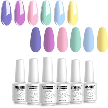 Vishine Gel Nail Polish Set - Macaron Series 6 Colors, Popular Lilac Pink Blue Yellow Fresh Bright Colors Trendy UV LED Soak Off Nail Art Gel Manicure Kit