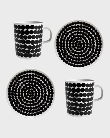 MARIMEKKO Oiva R&auml;symatto Kitchen Dish Set &mdash; Includes: 2 Plates (8") &amp; 2 Mugs (8.8oz) &mdash; Refine Your Kitchen D&eacute;cor with Our Iconic Black &amp; White Stoneware &mdash; Mug and Plate Set for Kitchen