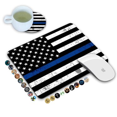 LOWORO Mouse Pad and Coasters Set, Thin Blue Line American Flag Mouse Pad, Non-Slip Rubber Base Rectangle Mouse Pads for Laptop and Computer Office Accessories