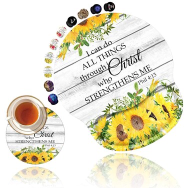 Ergonomic Mouse Pad with Gel Wrist Rest Support, Non Slip PU Base Mouse Pad Wrist Rest for Computer,Office Gaming, Pain Relief Philippians 4-13 Christian Quotes Bible Sunflowers + Cup Coaster