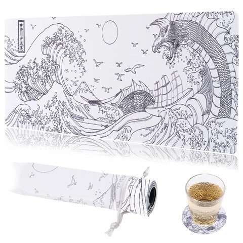 KuZaiALi White Japanese Kanagawa Painting Mouse Pad (Bouns: Coaster+Bag) 31.5x11.8 Inch 3mm Thick Extended Gaming Mousepad Non-Slip Water-Proof Keyboard Pad for Study, Gaming, Office at Home&hellip;