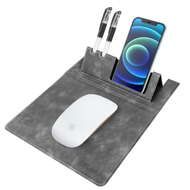 Multifunctional Mouse Pad,Leather Mouse pad,3 in 1 Mouse Pad with Non-Slip Base,Portable Slim Mouse Pad for Phone Holder and Pen Holder,Desktop Mouse pad(Grey 1Pack)