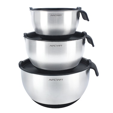 AVACRAFT 18/10 Stainless Steel Mixing Bowls with Lids, non slip silicone base bowls with Handle, Mixing Bowl Set with Pour Spouts &amp; Measurement Marks, Home Essentials Cooking Bowls, (Black)