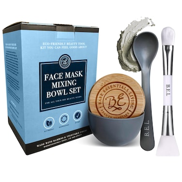 Bare Essentials Living - Clay Face Mask Mixing Bowl Set, Skin Care Kit Facial Bowls with Bamboo Lid, Face Mask Spoon, &amp; Dual Sided Face Mask Brush Applicator for DIY Clay Mask, Facials &amp; Hair (Grey)